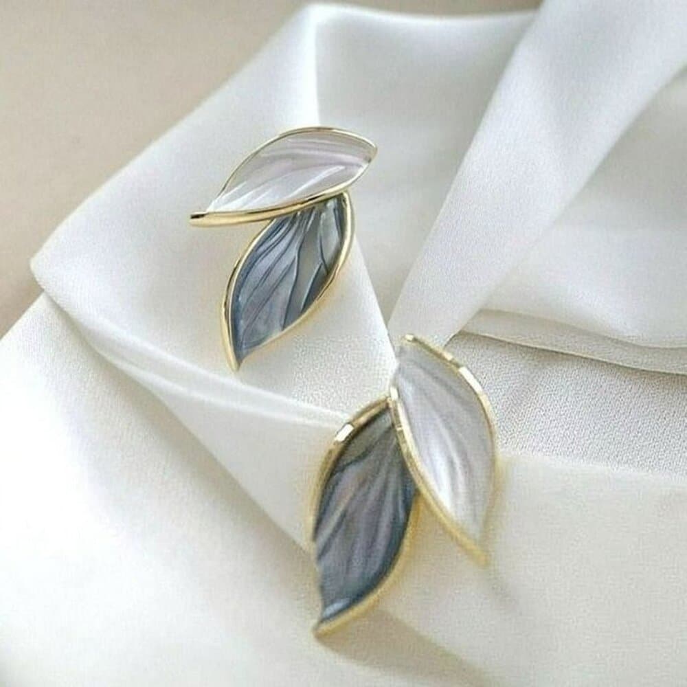 Natalie Elyse Leaf Earrings in Soft Blue and Creamy White on Gold Gift Packaged - Thumbnail 4