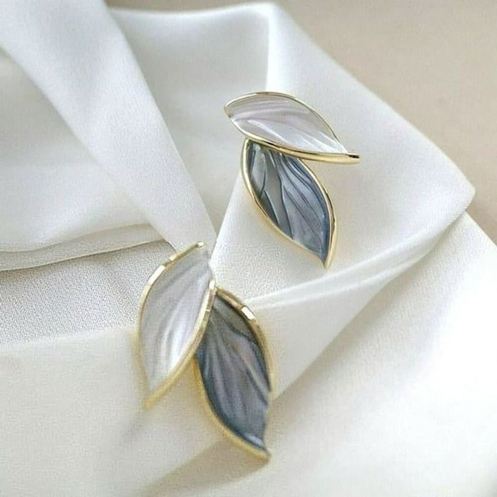 Natalie Elyse Leaf Earrings in Soft Blue and Creamy White on Gold Gift Packaged - Thumbnail 9