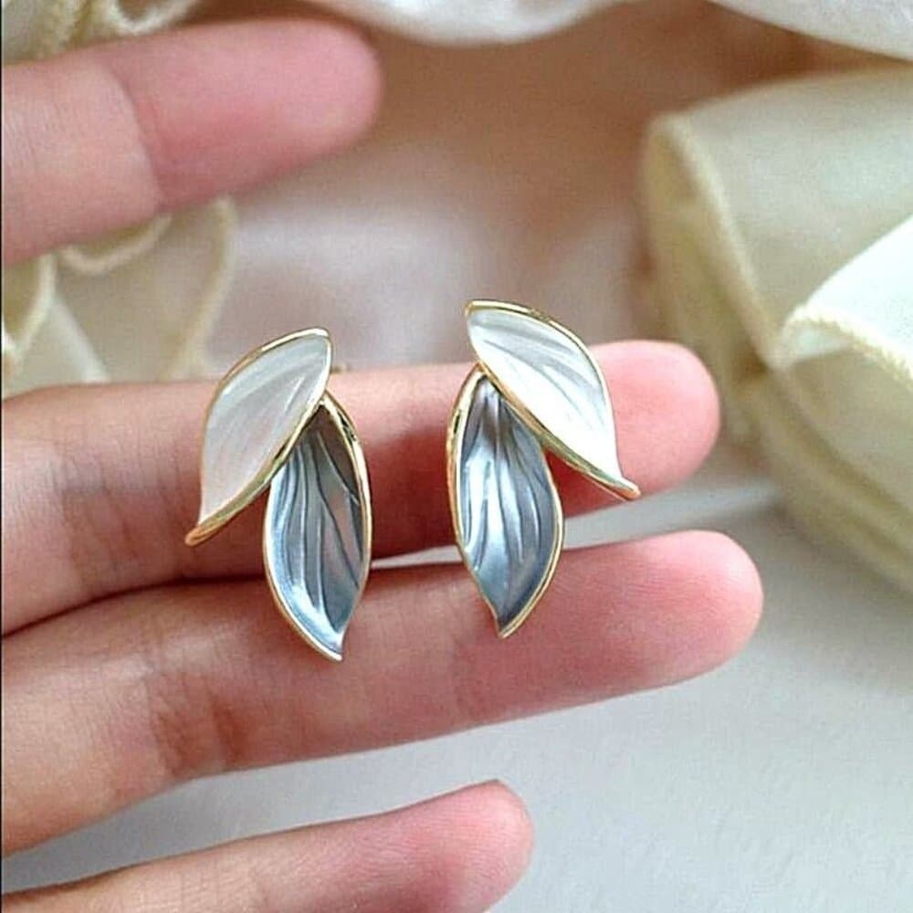 Natalie Elyse Leaf Earrings in Soft Blue and Creamy White on Gold Gift Packaged - Thumbnail 3