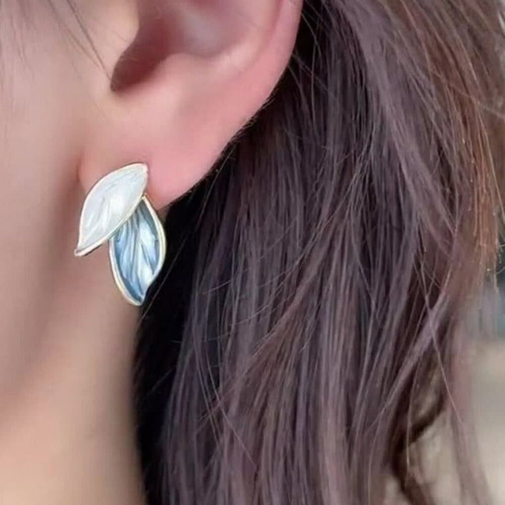 Natalie Elyse Leaf Earrings in Soft Blue and Creamy White on Gold Gift Packaged - Thumbnail 2