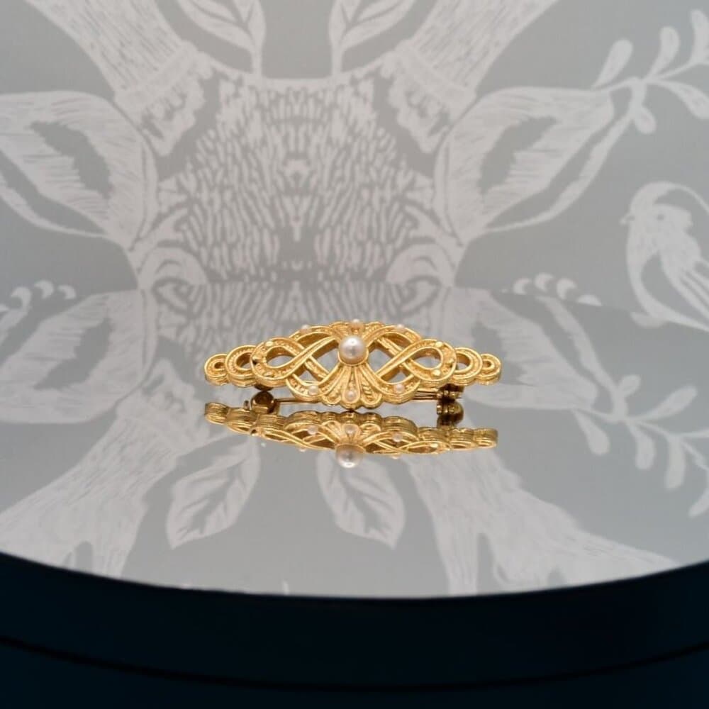 Pearl Accented Gold Filigree Brooch Pin Caroline C Estate Collection Piece - Thumbnail 2