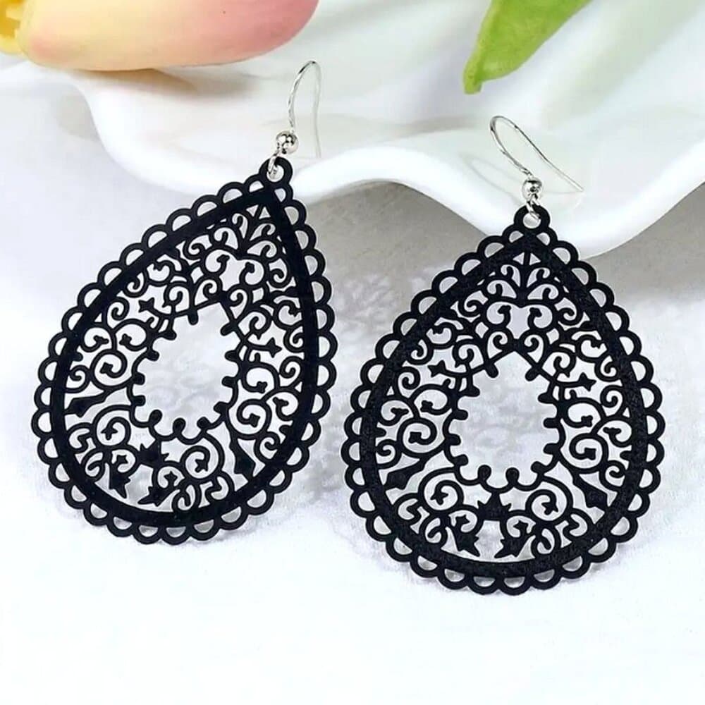 Ophelia Filigree Teardrop Water Drop Dangle Earrings Jet Set Black Gift Packaged - Thumbnail 3