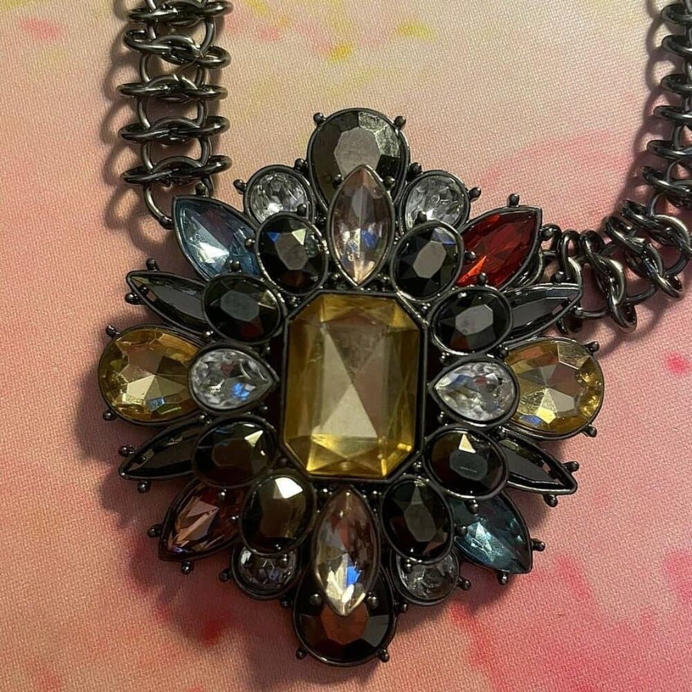 Ornate Jeweled Pendant Heavy Dark Silver Infinity Link Chain Caroline C. Estate - Thumbnail 3