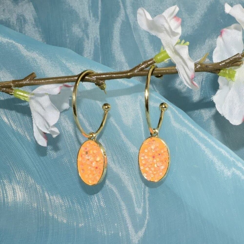 Peyton Sparkles Coral Orange Oval Sugar Crystal Drop Hoop Earrings Gift Packaged - Thumbnail 9