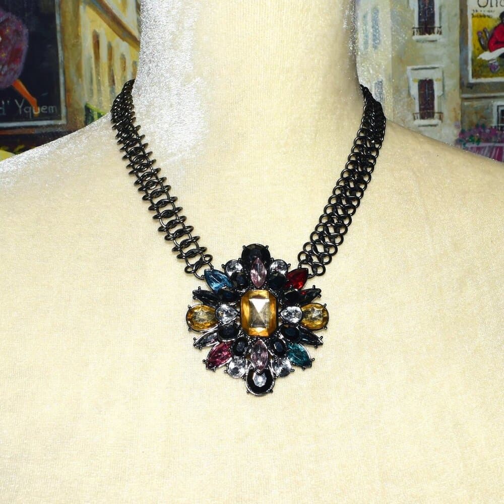 Ornate Jeweled Pendant Heavy Dark Silver Infinity Link Chain Caroline C. Estate - Thumbnail 9