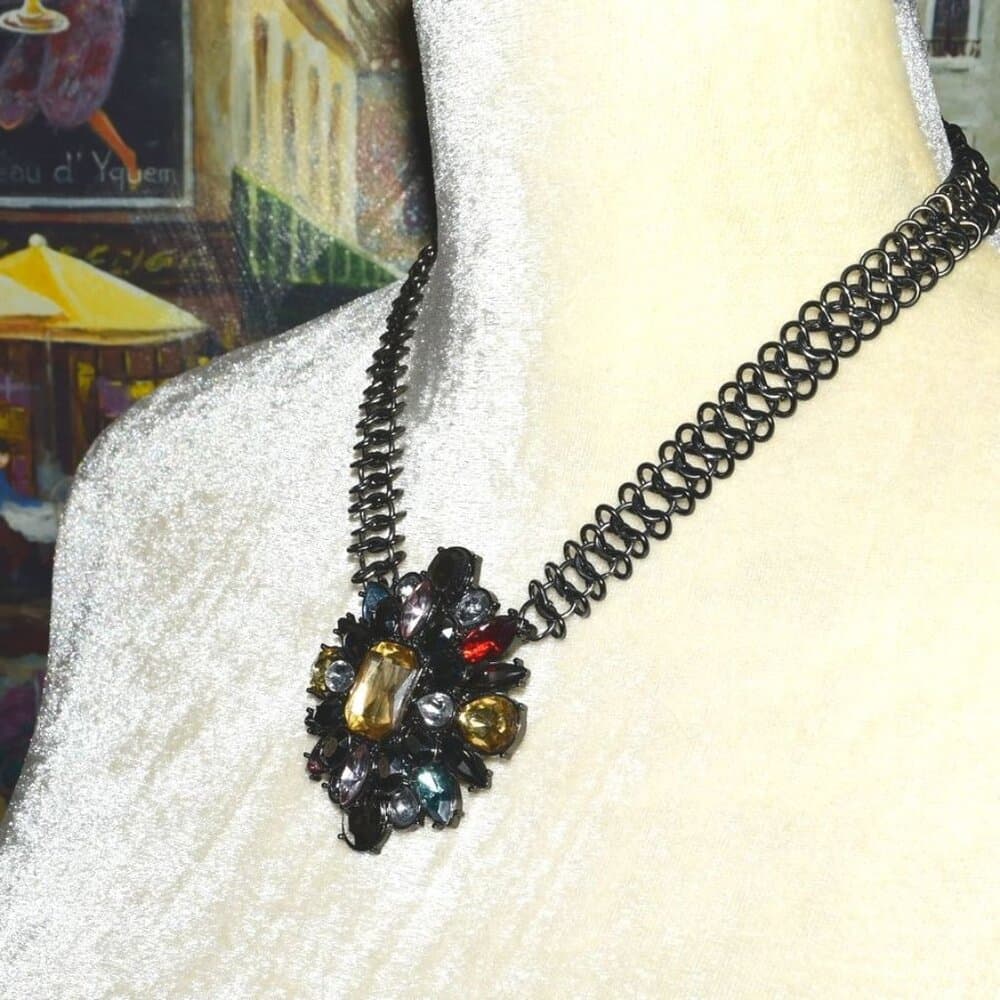 Ornate Jeweled Pendant Heavy Dark Silver Infinity Link Chain Caroline C. Estate - Thumbnail 2