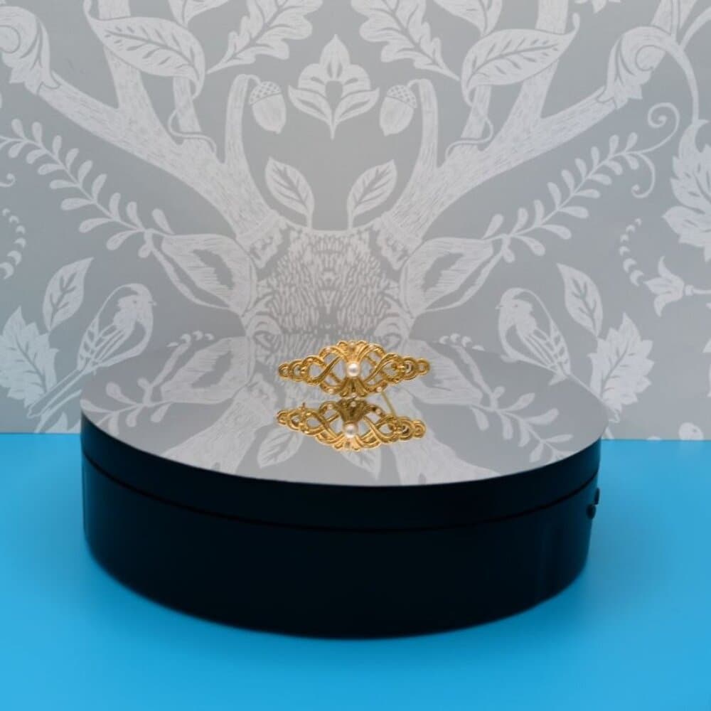 Pearl Accented Gold Filigree Brooch Pin Caroline C Estate Collection Piece - Thumbnail 8