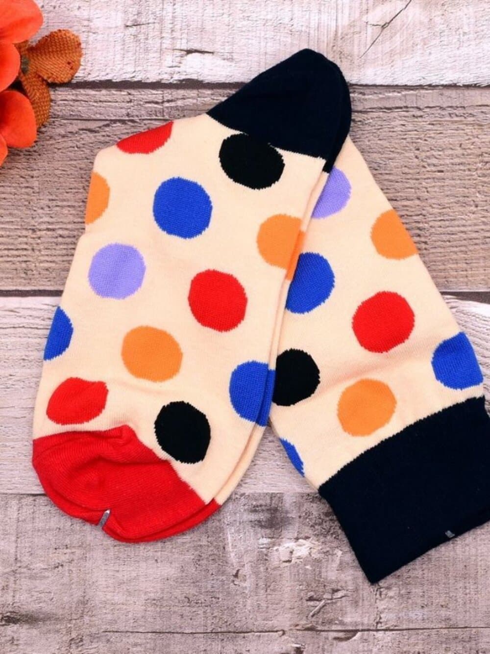 Miley Splash Womens Polka Dot Socks Colorful Dots on Cream Black Heel Red Toe - Thumbnail 5