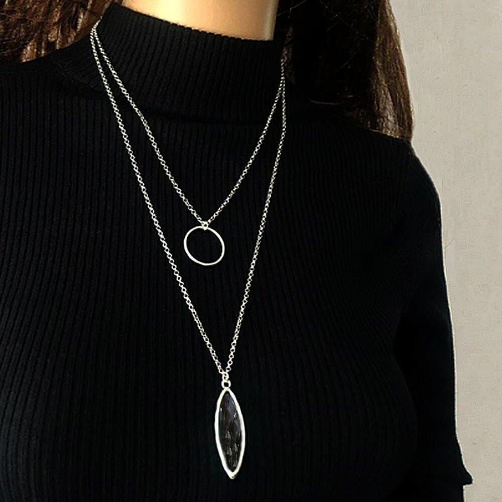 Marlowe Ellipse Circle Layered Smokey Gray Crystal Necklace Gift Packaged - Thumbnail 3