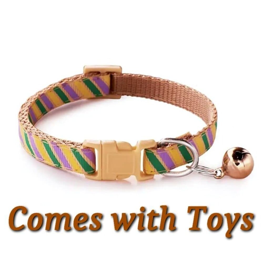 Marlee Candy Stripe Khaki Green Purple Bell Cat Collar with Toys Gift Packaged - Thumbnail 9