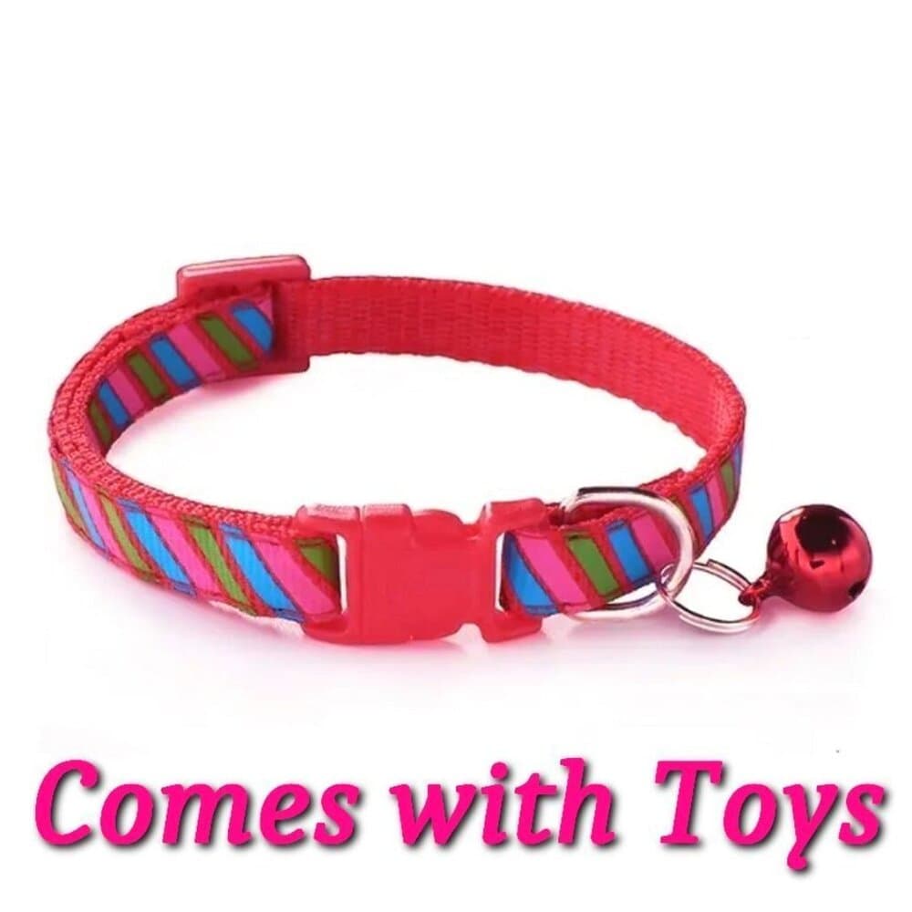 Marlee Candy Stripe Red Pink Blue Green Bell Cat Collar with Toys Gift Packaged - Thumbnail 9