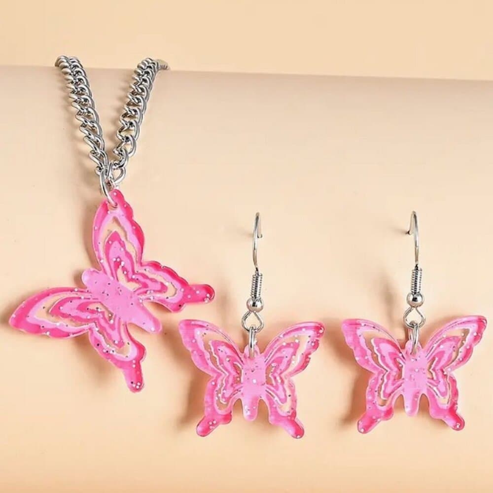 Lindy Jessa Colorful Pink Butterfly Necklace Earrings Set Gift Packaged - Thumbnail 2