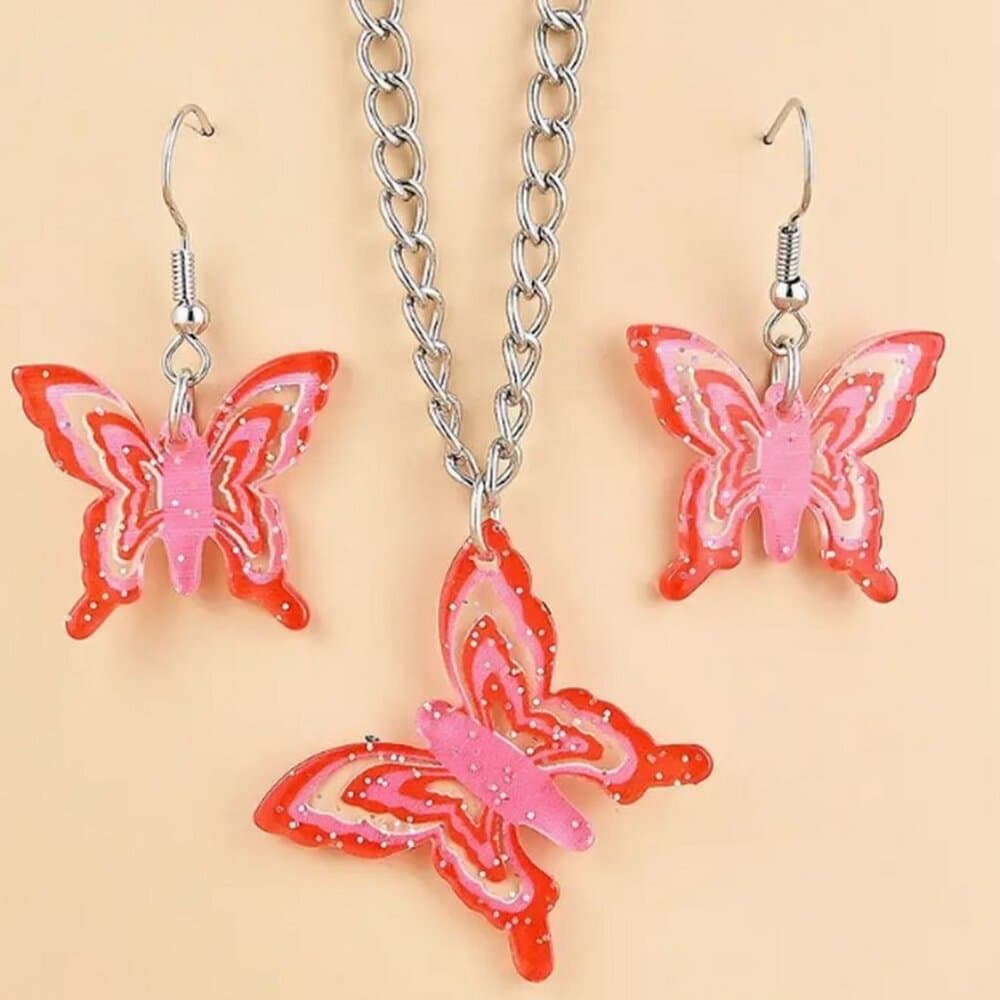 Lindy Jessa Colorful Red Butterfly Necklace Earrings Set Gift Packaged - Thumbnail 7