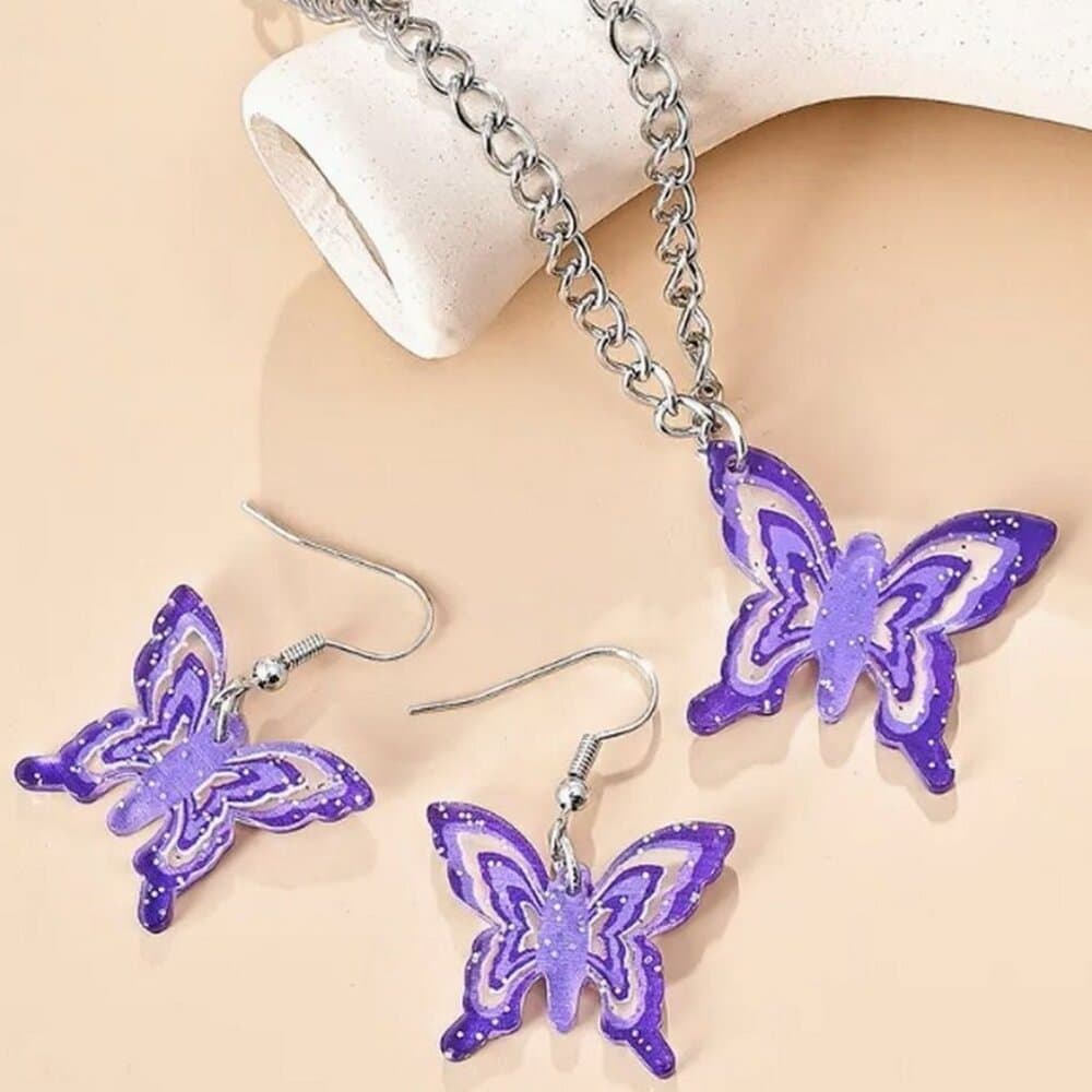 Lindy Jessa Colorful Purple Butterfly Necklace Earrings Set Gift Packaged - Thumbnail 3