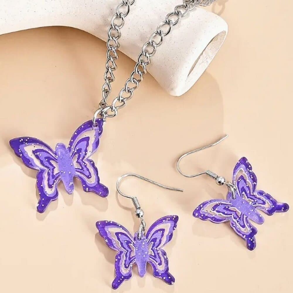 Lindy Jessa Colorful Purple Butterfly Necklace Earrings Set Gift Packaged - Thumbnail 8