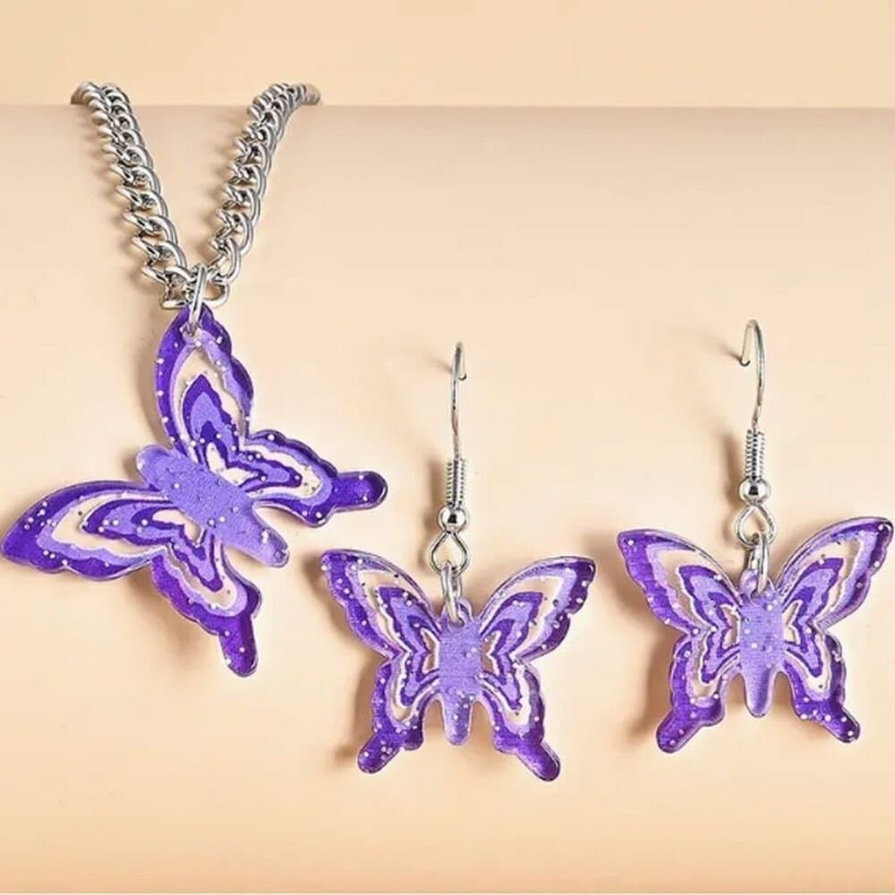 Lindy Jessa Colorful Purple Butterfly Necklace Earrings Set Gift Packaged - Thumbnail 2