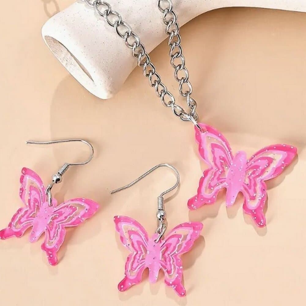 Lindy Jessa Colorful Pink Butterfly Necklace Earrings Set Gift Packaged - Thumbnail 3