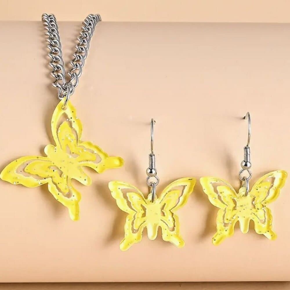 Lindy Jessa Colorful Yellow Butterfly Necklace Earrings Set Gift Packaged - Thumbnail 2