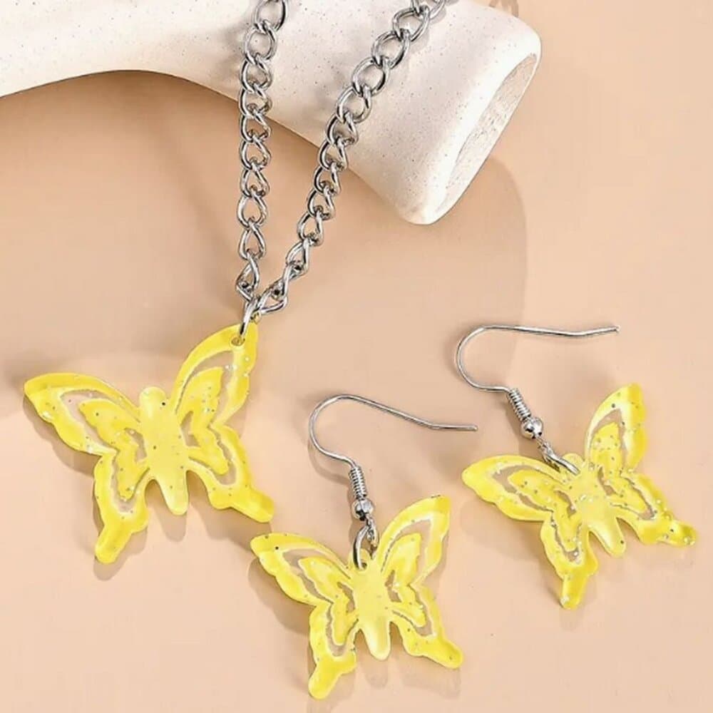 Lindy Jessa Colorful Yellow Butterfly Necklace Earrings Set Gift Packaged - Thumbnail 8