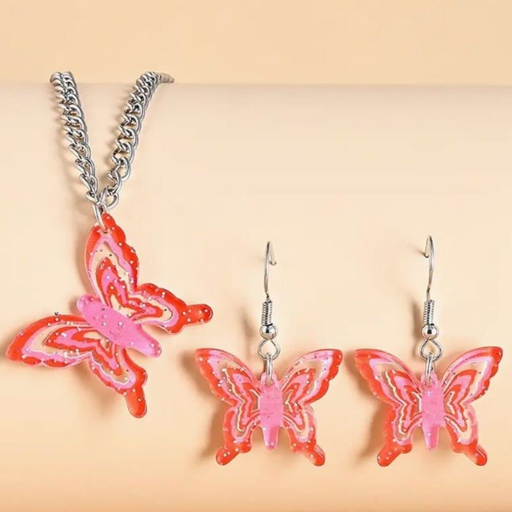 Lindy Jessa Colorful Red Butterfly Necklace Earrings Set Gift Packaged - Thumbnail 2