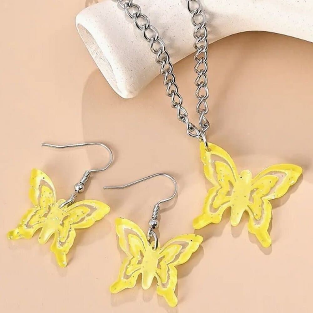 Lindy Jessa Colorful Yellow Butterfly Necklace Earrings Set Gift Packaged - Thumbnail 3