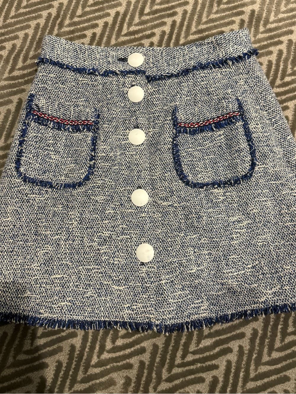 Zara Blue and White Tweed Skirt with Fringe Detail - Thumbnail 3