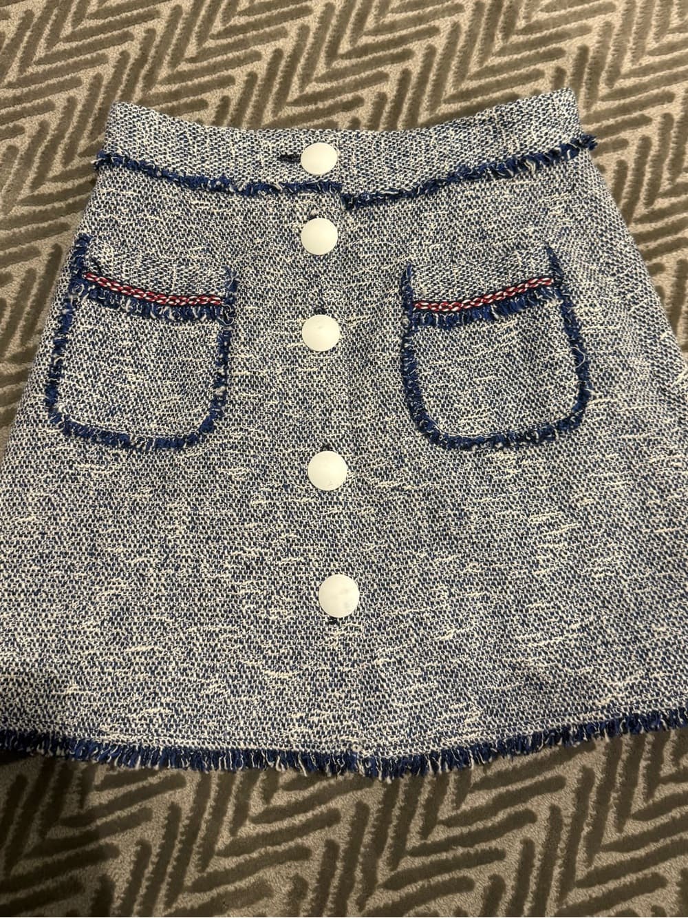 Zara Blue and White Tweed Skirt with Fringe Detail - Thumbnail 2