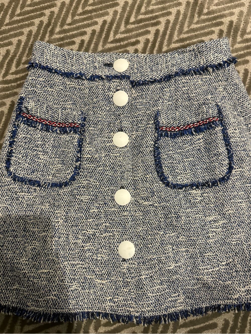 Zara Blue and White Tweed Skirt with Fringe Detail - Thumbnail 4