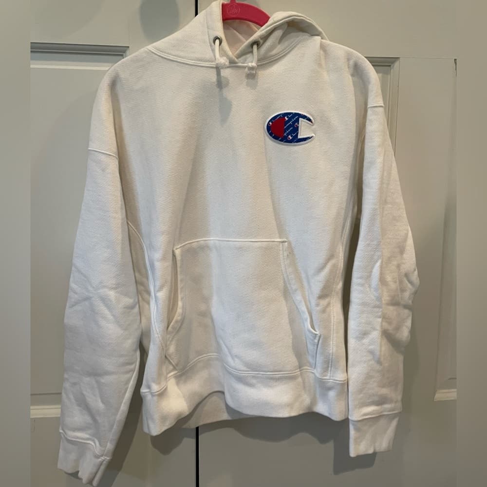 Champion Reverse Weave Big C Patch Logo White Pullover Hoodie Men's Size S - Thumbnail 4