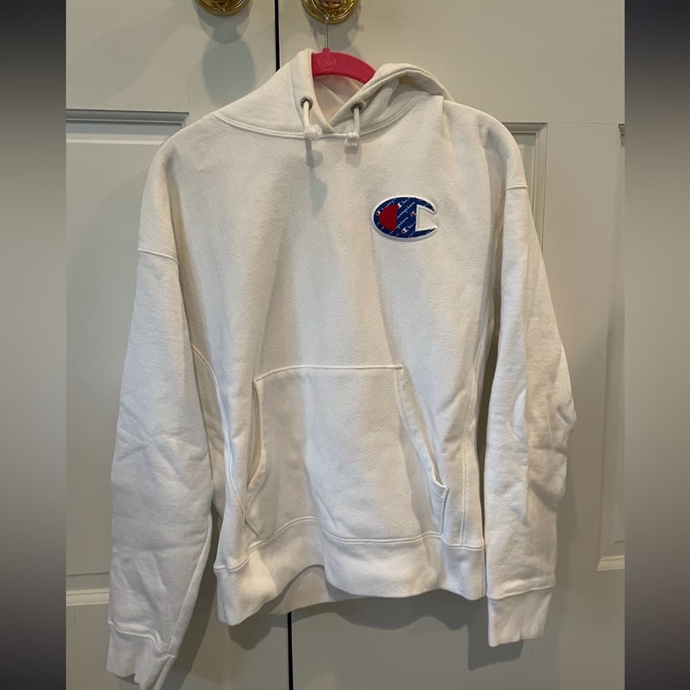 Champion Reverse Weave Big C Patch Logo White Pullover Hoodie Men's Size S - Thumbnail 2