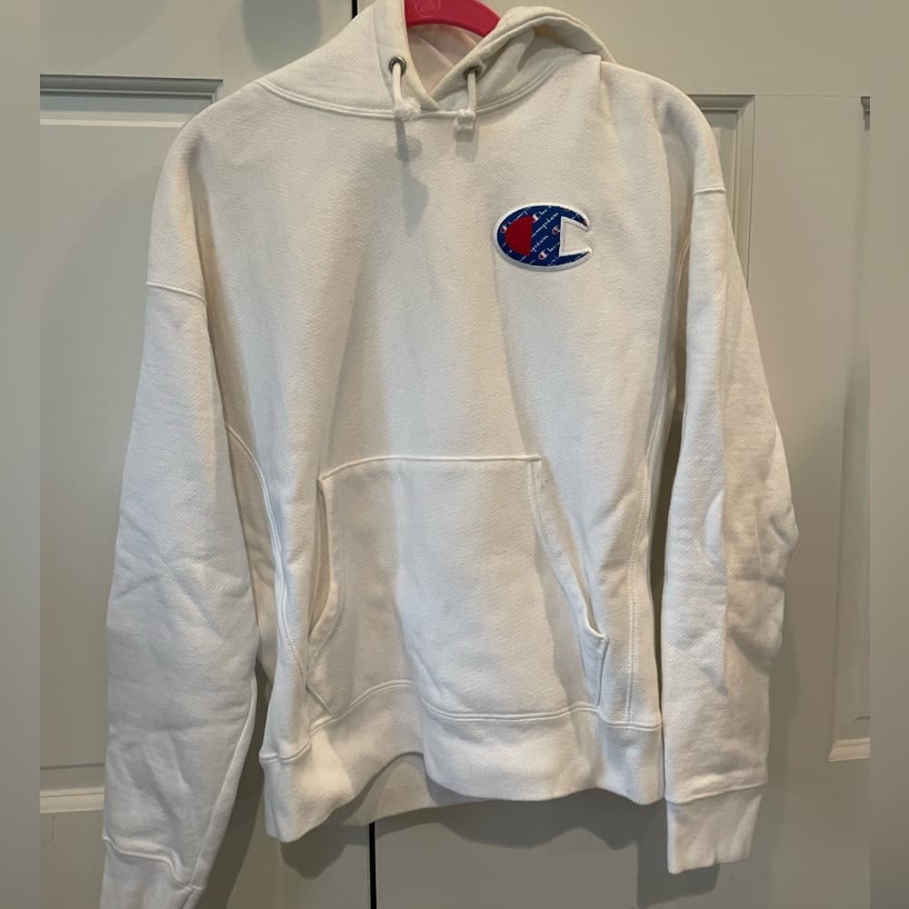 Champion Reverse Weave Big C Patch Logo White Pullover Hoodie Men's Size S - Thumbnail 3