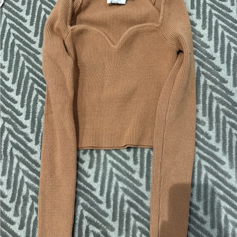 Princess Polly Ribbed Sweetheart Knit Crop Top - Camel Tan - Thumbnail 4