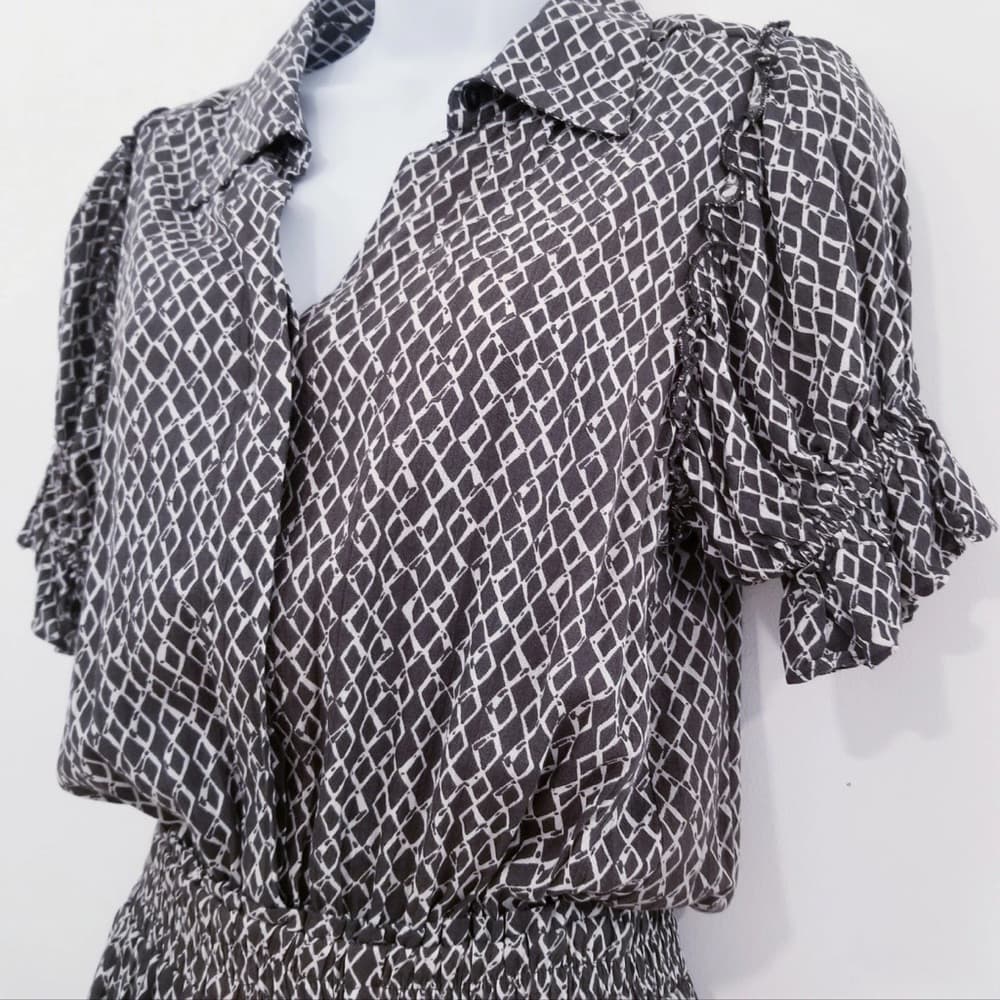 Skylar + Madison Brown and White Ruffled Puff Sleeve Mini Dress - Thumbnail 2