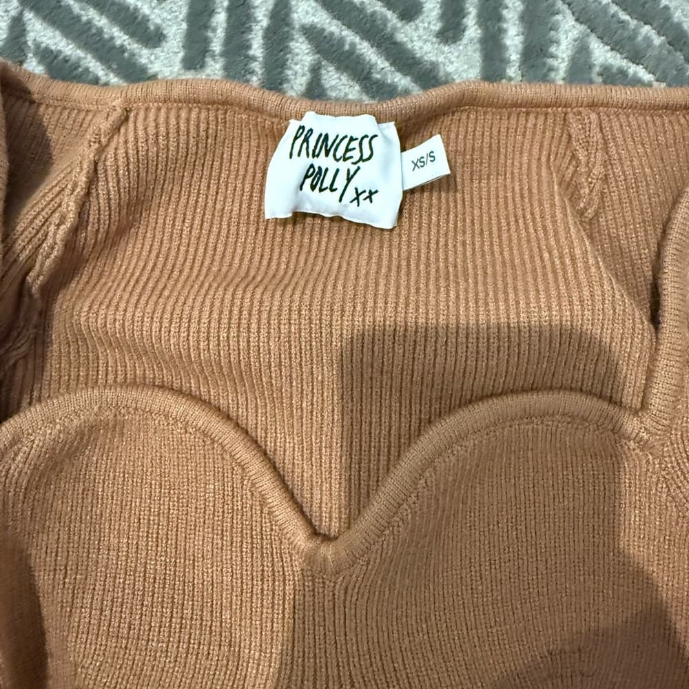 Princess Polly Ribbed Sweetheart Knit Crop Top - Camel Tan - Thumbnail 2