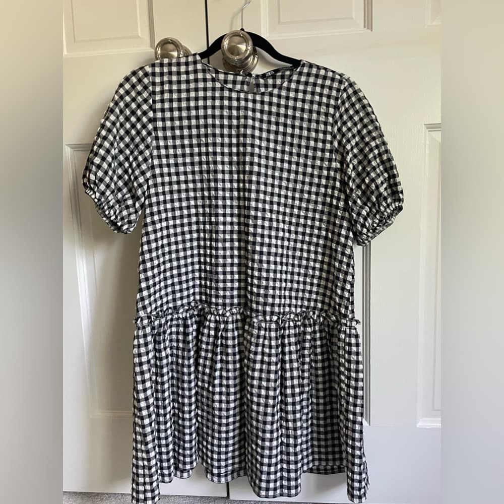 Zara | Black and White Gingham Tiered Mini Dress - Thumbnail 4