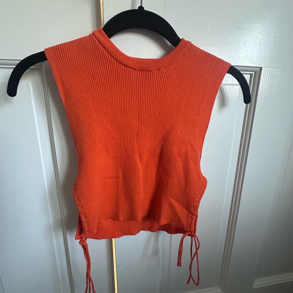 Zara Orange Muscle Tee Crop Top with Tie Front - Thumbnail 2