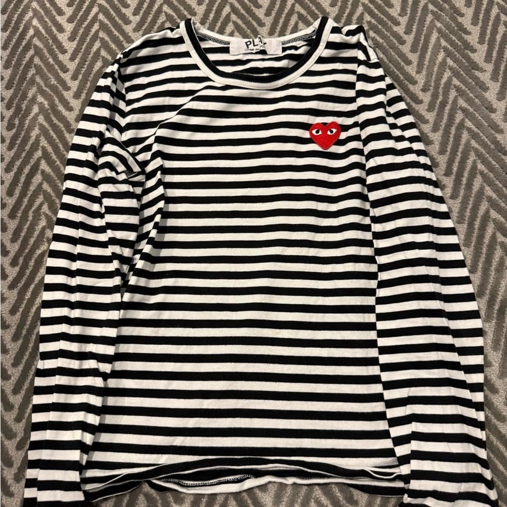 Commes des Garcons Play Striped Long-Sleeve Tee with Red Heart Patch - Thumbnail 2