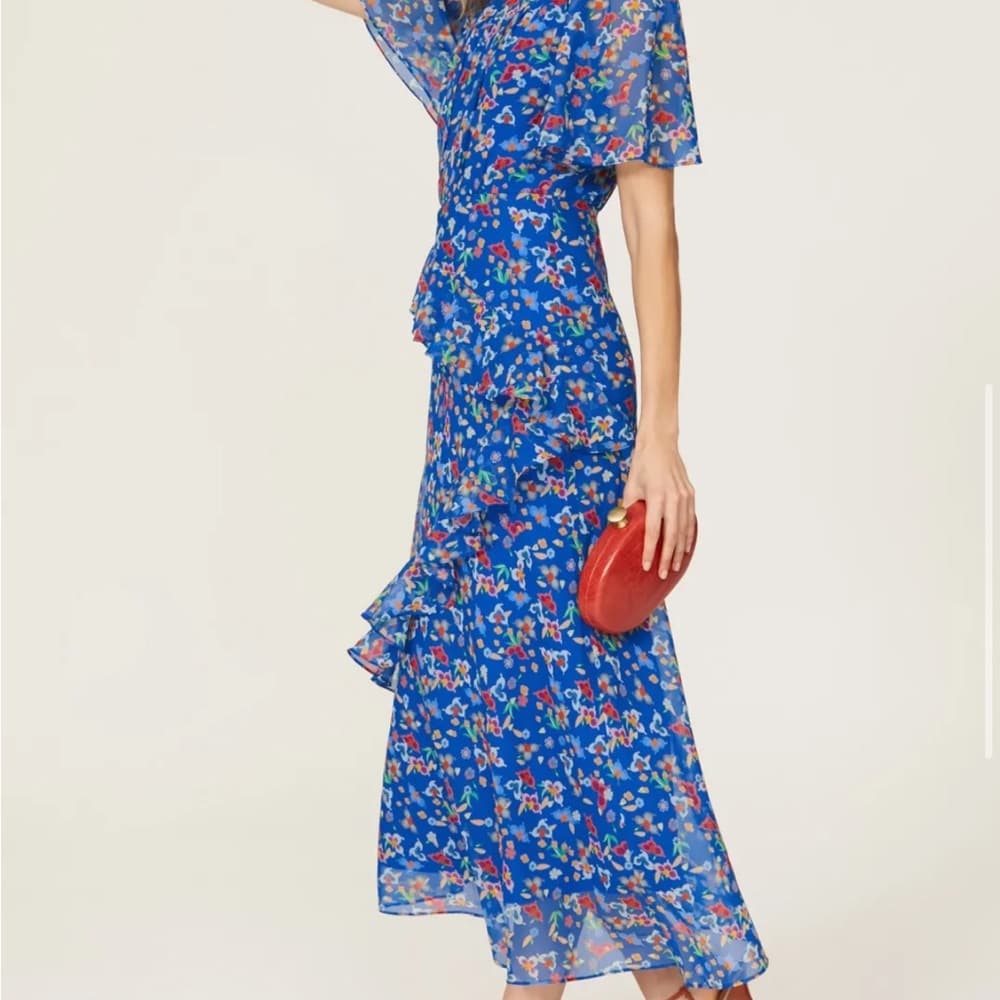 SALONI Blue Floral Ruffle Maxi Dress - Thumbnail 4