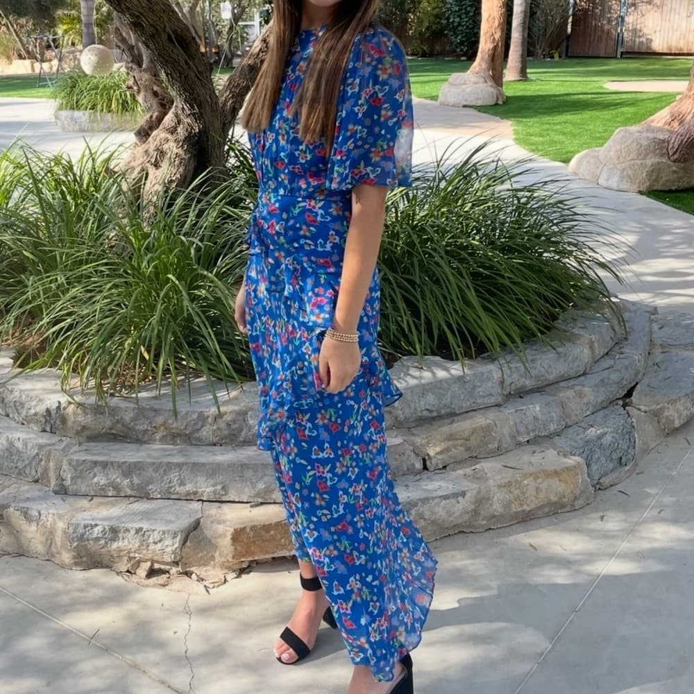 SALONI Blue Floral Ruffle Maxi Dress - Thumbnail 5