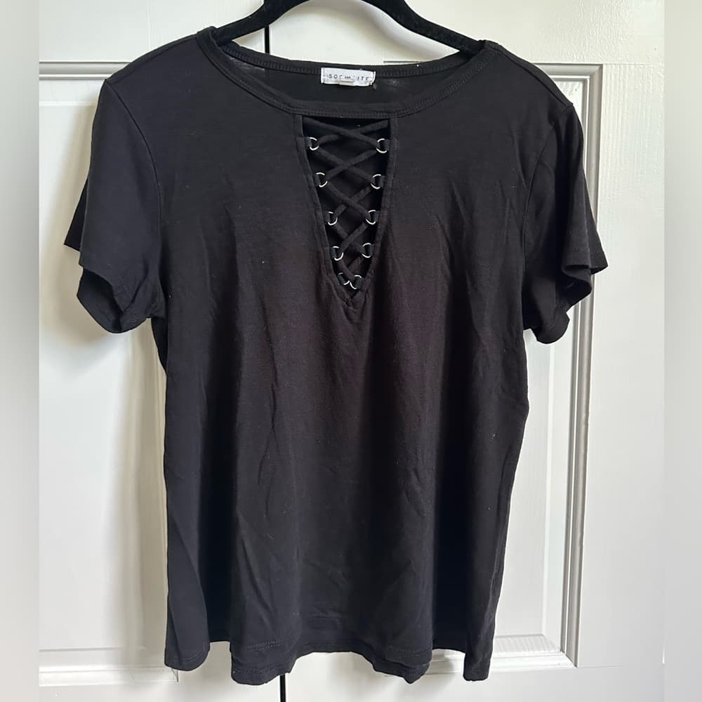 Black t-shirt with tie detail - Thumbnail 3