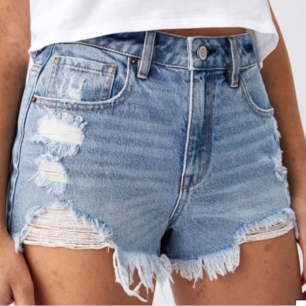 PacSun Blue High Waisted Denim Festival Shorts - Thumbnail 3