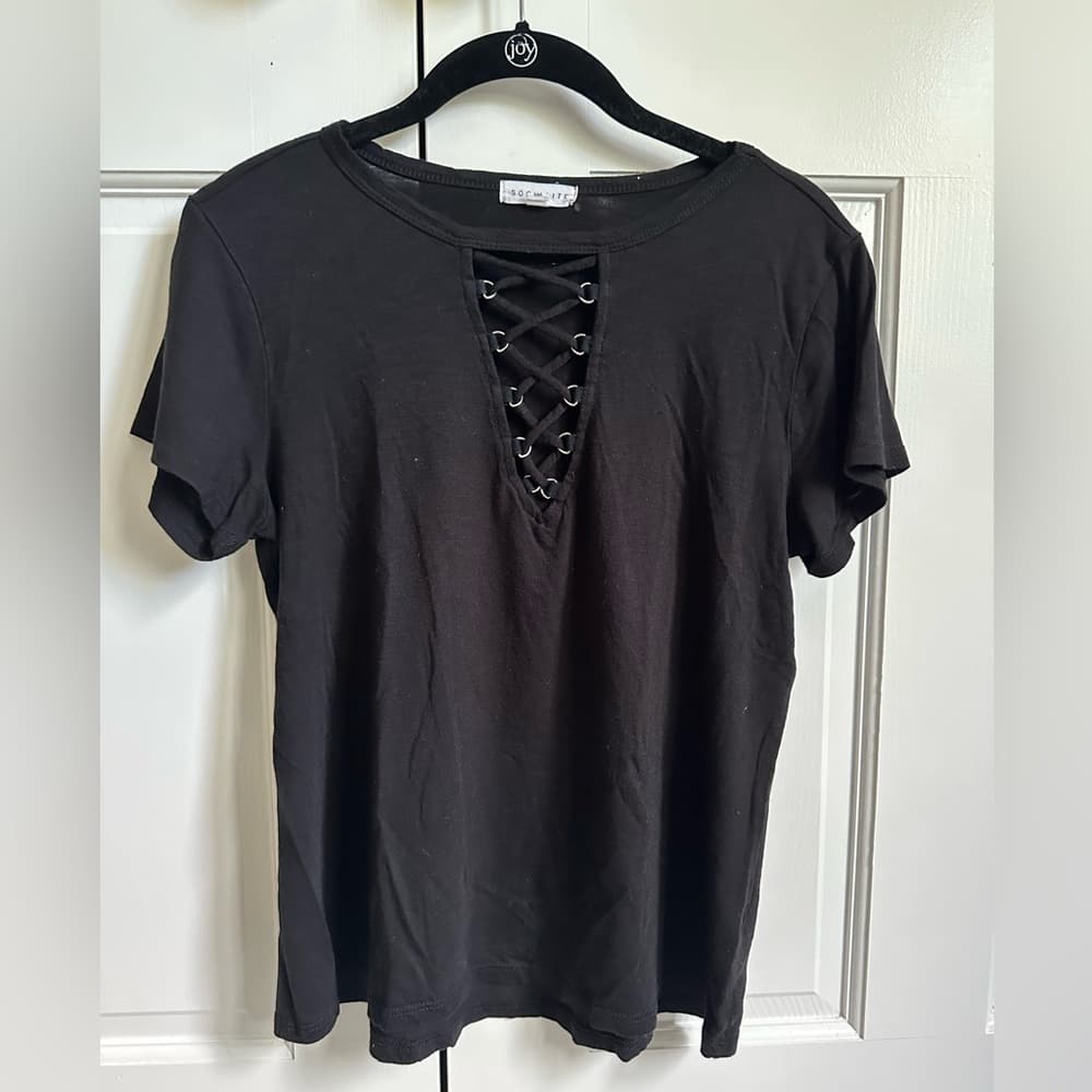 Black t-shirt with tie detail - Thumbnail 2