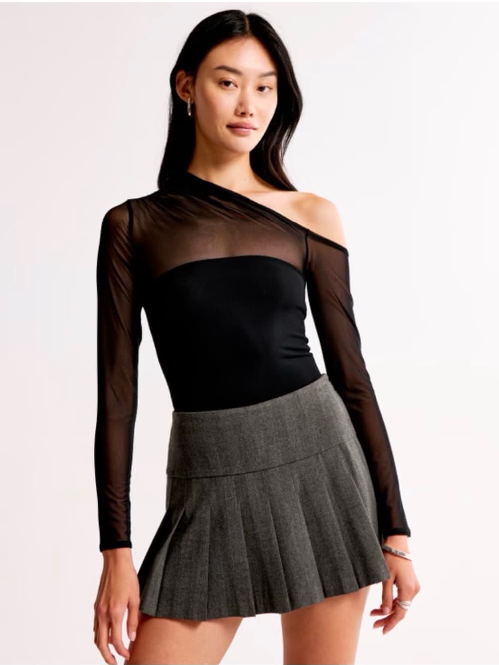 Abercrombie & Fitch Black One-Shoulder Sheer Sleeve Bodysuit - Thumbnail 2