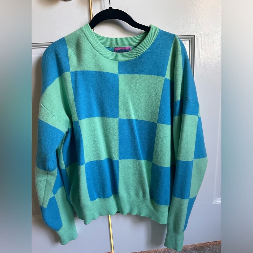 Edikted Blue and Green Checkered Sweater - Size Small