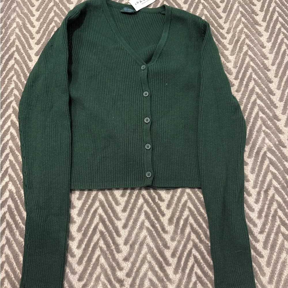 John Galt Dark Green V-Neck Ribbed Button Cardigan