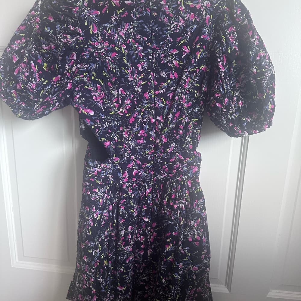 French Connection Purple and Pink Floral Cutout Dress with Puff Sleeves - Thumbnail 5