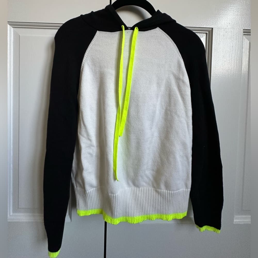 Central Park West Knit Hoodie in Ivory & Neon Yellow, Size XS - Thumbnail 3