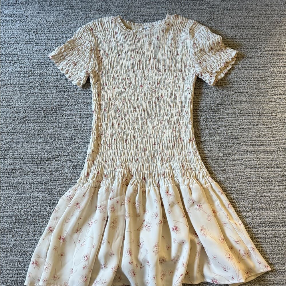 Storia Cream Smocked Mini Dress Fit and Flare - Thumbnail 2