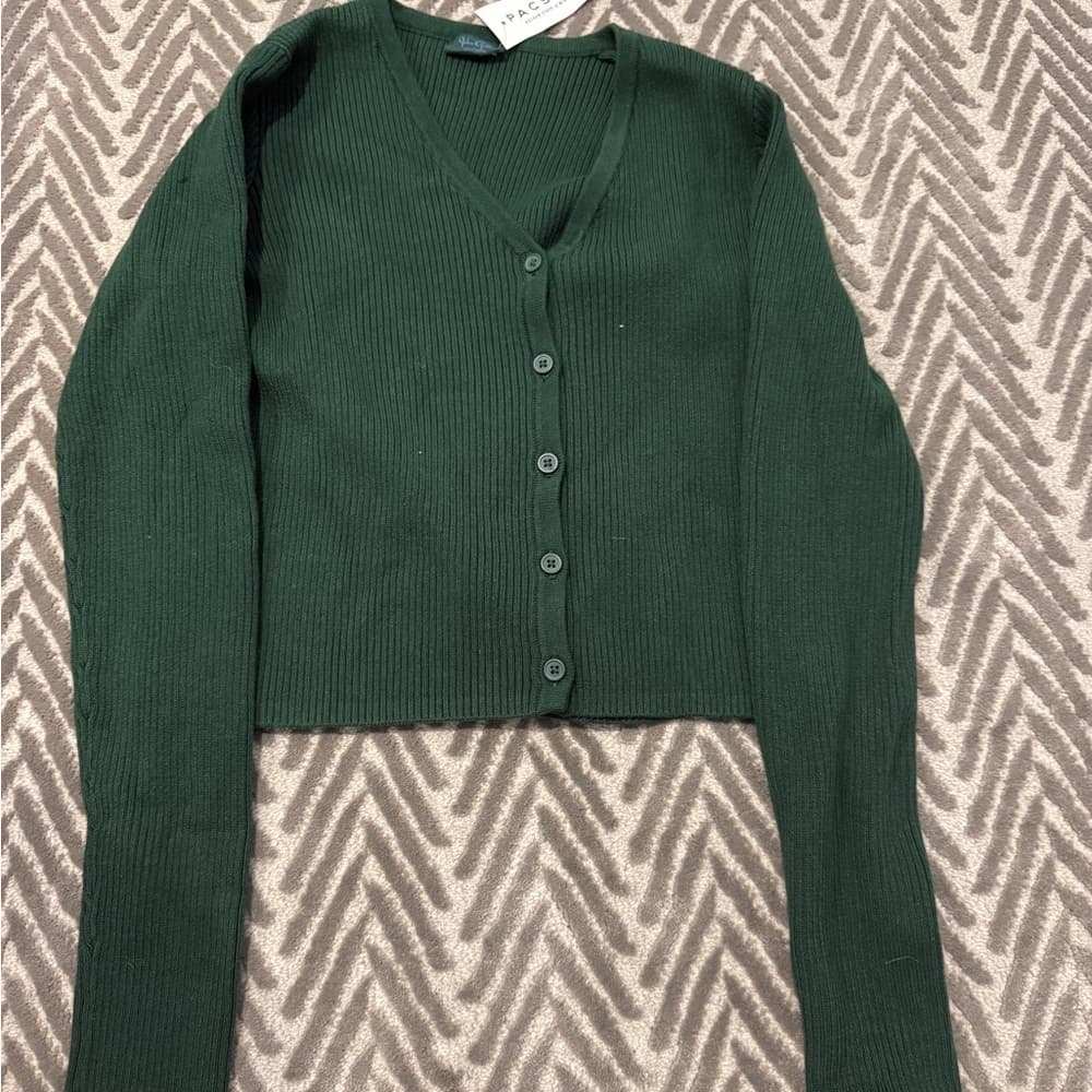 John Galt Dark Green V-Neck Ribbed Button Cardigan - Thumbnail 2