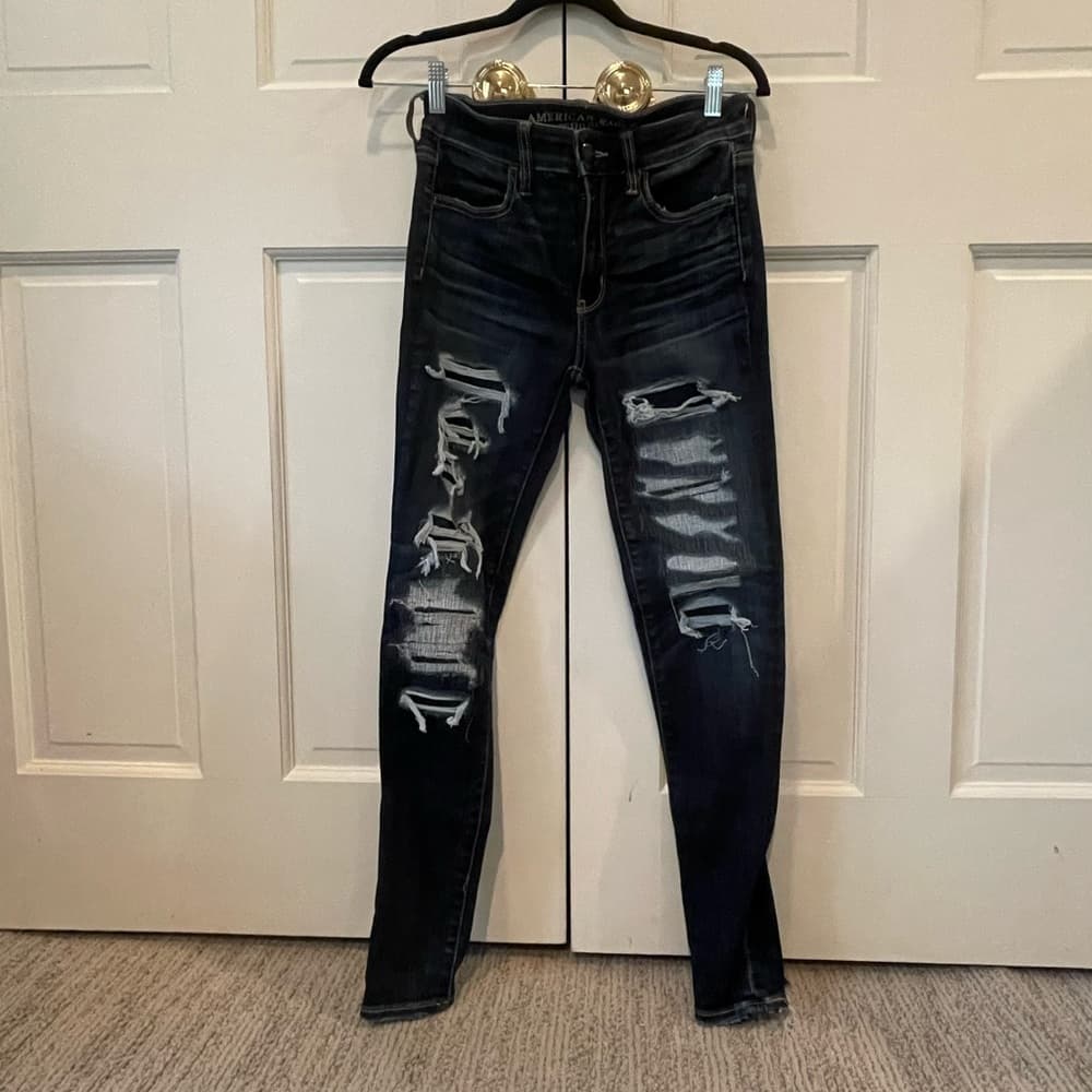 Women's American Eagle Distressed Dark Denim Skinny Jeans - Thumbnail 2